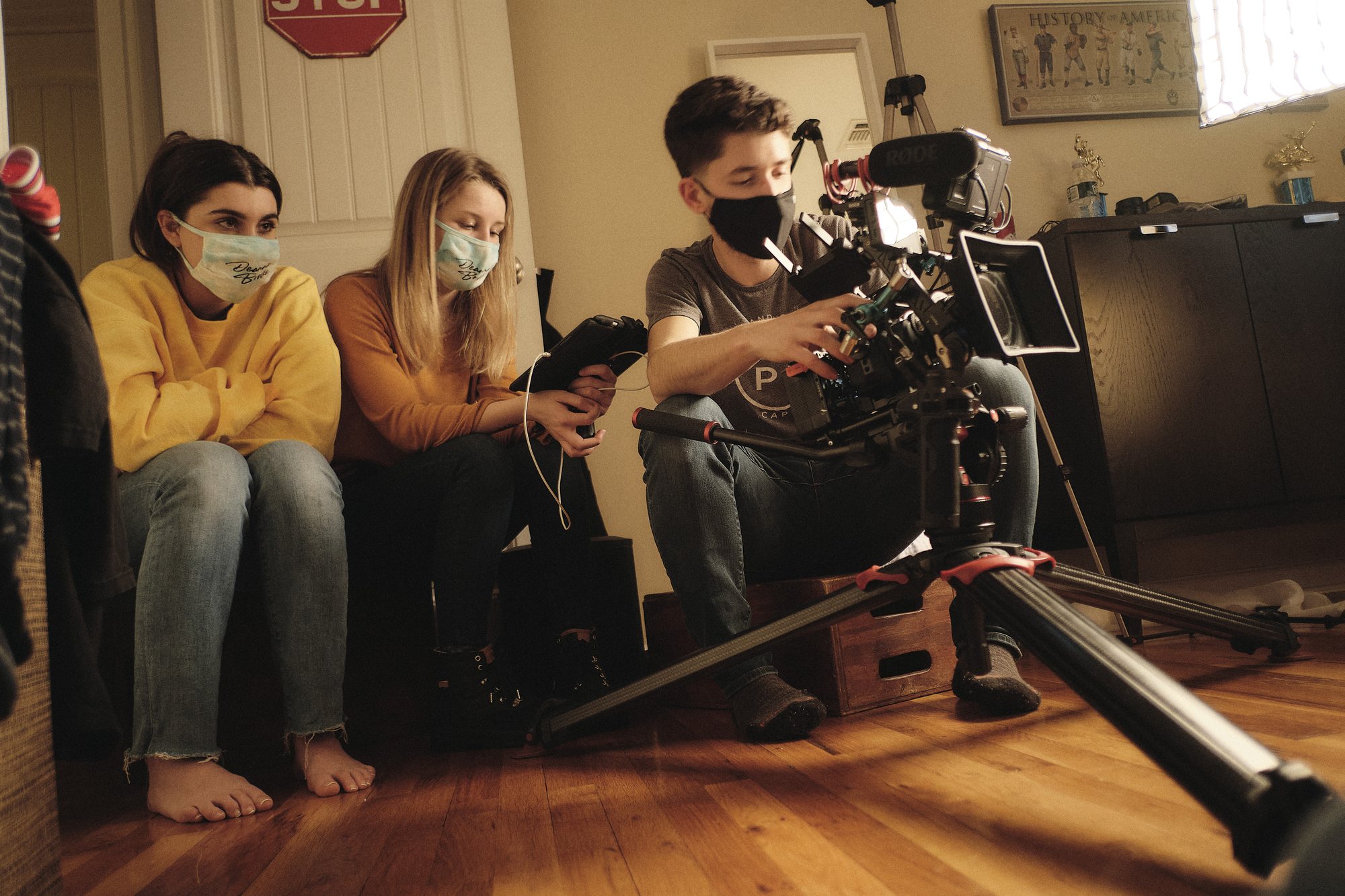 Alexa & Nick on a short film set, masked up during COVID